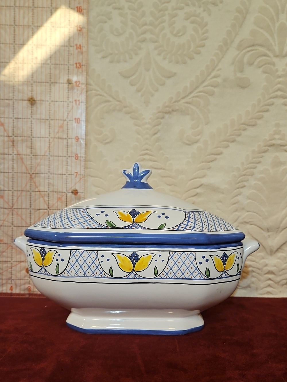 Blue-Trimmed Floral Ceramic Covered Casserole